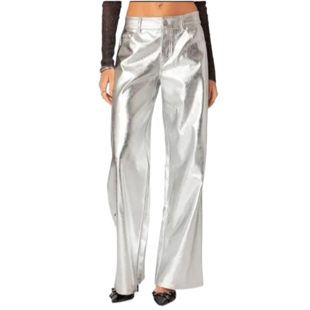 NEW 7 For All Mankind Metallic Straight Leg Faux Leather Pants Silver Size LG